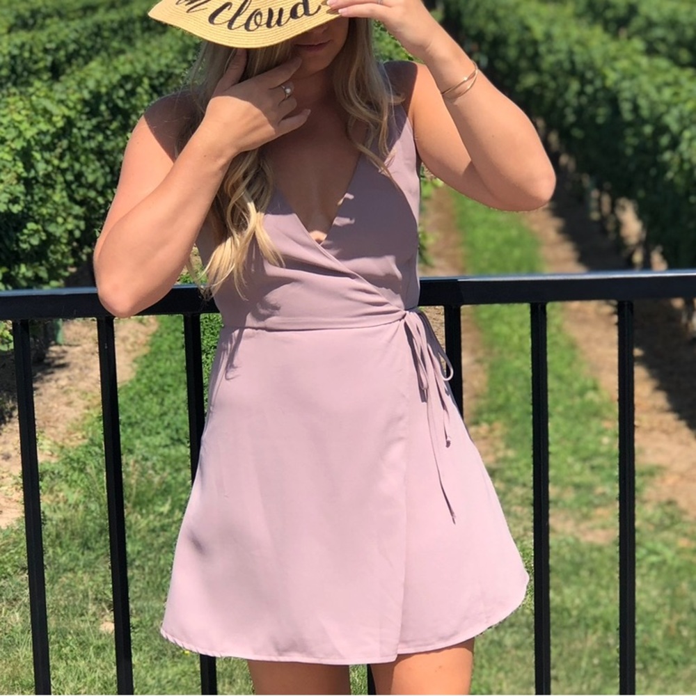 Mauve white fox wrap mini dress